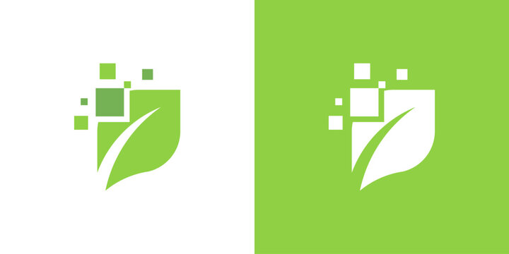 Dual meaning logo combining leaf and digital technology elements, symbolizing eco-innovation, sustainable technology, green digital transformation