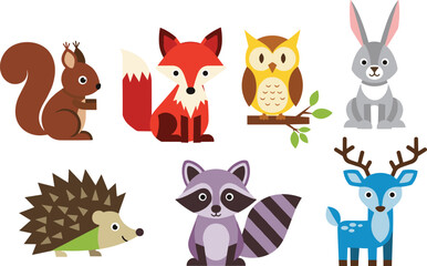 Fototapeta premium Woodland Animal Characters Set Featuring Squirrel, Fox, Owl, Rabbit, Hedgehog, Raccoon, and Deer for Kids' Illustrations