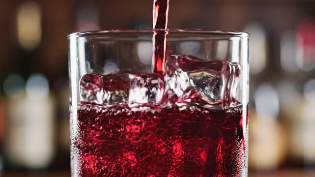 A dark red beverage is poured over ice cubes in a clear glass, creating a refreshing and inviting scene with a blurred background of a bar