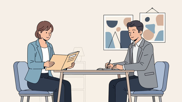 Job Interview: Woman Reviews Resume, Man Takes Notes at Desk