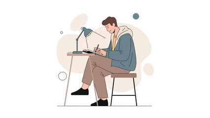 Fototapeta premium Young man studying at desk with lamp and notebook, illustration