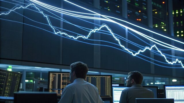 Two men monitor financial data on multiple screens in a modern office with a large digital stock chart displayed on the wall.