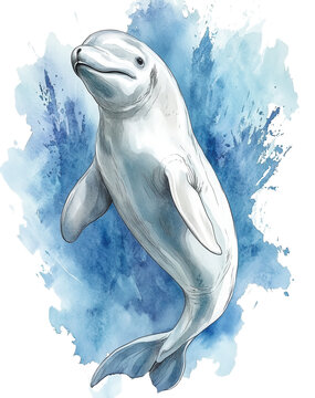 Ilustra&ccedil;&atilde;o aquarela de uma baleia beluga branca nadando graciosamente em um fundo abstrato de respingos azuis, representando a vida marinha &aacute;rtica.