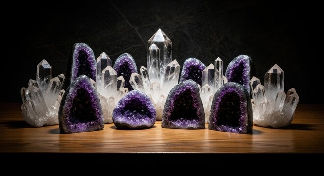 Collection of Purple Amethyst Geodes and Clear Quartz Crystal Formations on a Wooden Surface