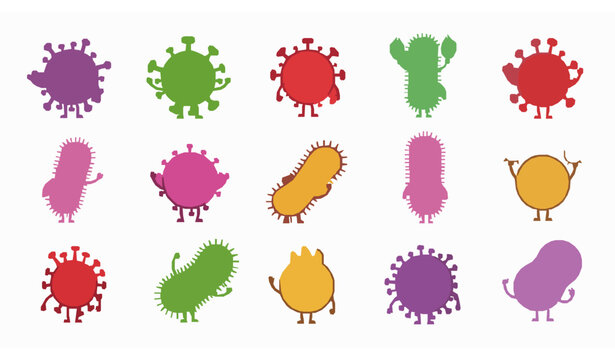 Cartoon virus bacteria characters vector emoticon microbe set