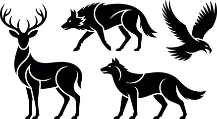 Fototapeta premium Wild forest animal silhouettes set including deer wolves and eagle minimal black vector illustration for wildlife nature design use