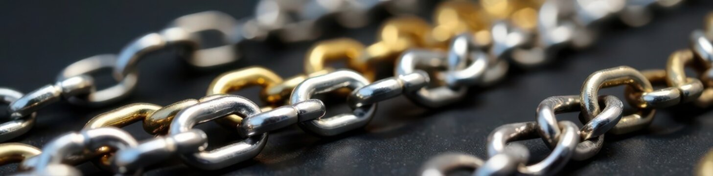 Silver & gold chainlets, diverse link styles, close-up , minimalist, texture, chainmail