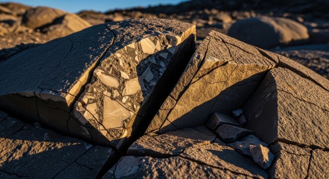 Closeup of fractured and chipped geological rock formations showcasing intricate textures and patterns under natural light