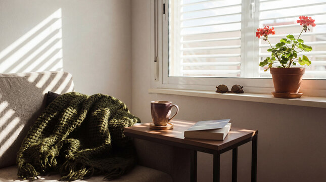 Tranquil sun-drenched living room corner with a cozy sofa, green blanket, books, and potted geranium on windowsill.