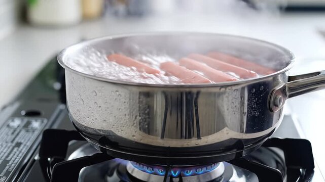 Hot dogs boiling in a pot of water on a gas stove.