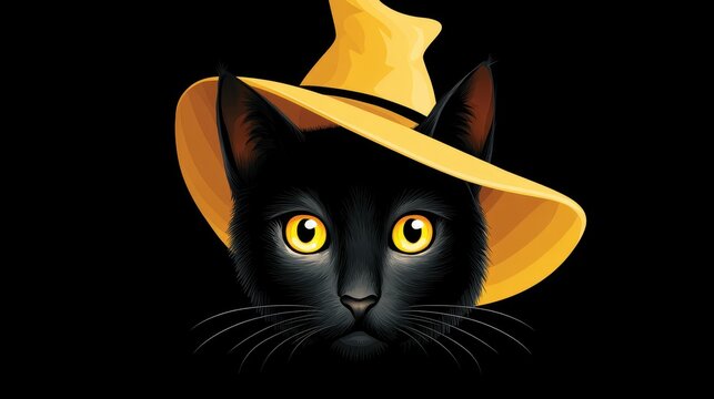 Black cat with glowing yellow eyes wearing large yellow witch hat on black background, mysterious and magical Halloween style illustration