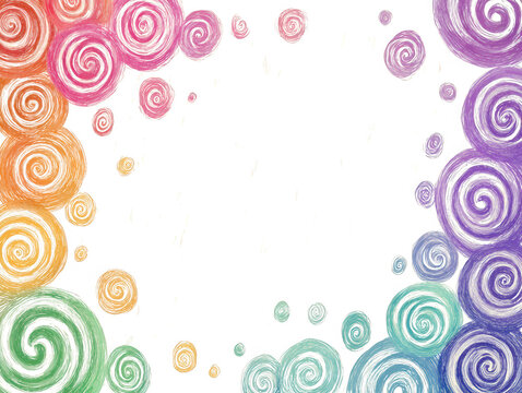 Moldura vibrante de espirais coloridas em tons de arco-&iacute;ris, com textura art&iacute;stica e espa&ccedil;o em branco central para design.