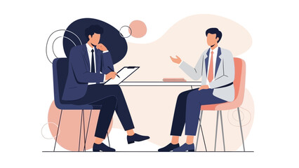 Fototapeta premium Business meeting illustration: two men in suits discussing at a table, interview concept