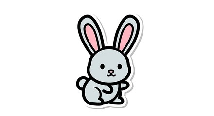Obraz premium A cute white bunny character with pink ears and a festive bow sits isolated on white as a happy Easter illustration featuring a baby rabbit and holiday eggs in a fun vector art drawing