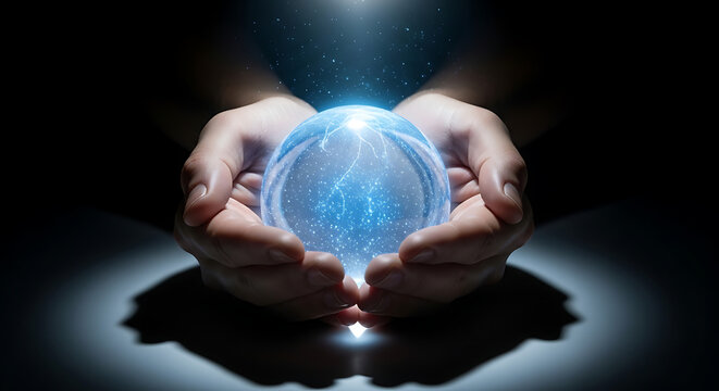 Hands holding a glowing magical crystal ball with energy sparks