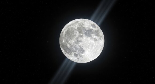 Captivating full moon suspended in the night sky with a luminous beam of light illuminating its detailed surface.