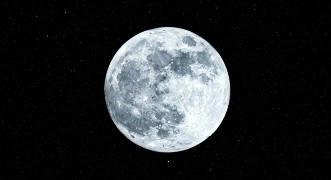 Full moon illuminated in the vast night sky, showcasing detailed surface textures and craters against a backdrop of distant stars.