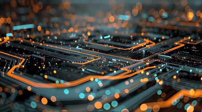 Electronic network pathways with radiant glow create an intricate web, suggesting advanced technology, connectivity, and innovative circuits, evoking a sense of digital dynamism