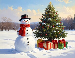 Fototapeta premium A snowman with a hat and scarf standing next to a decorated Christmas tree with gifts on a snowy landscape