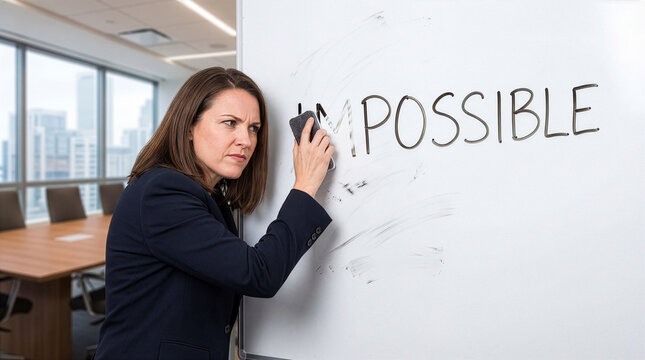 Determined businesswoman erasing the word impossible to possible on a whiteboard in a corporate office