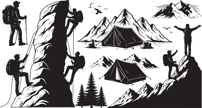 Mountain climbers and campers in a scenic landscape silhouette