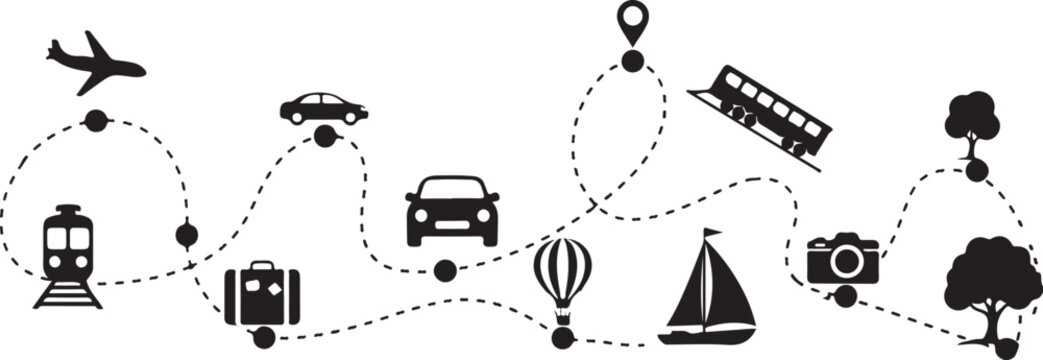 Travel and transportation icons in a dotted line formation