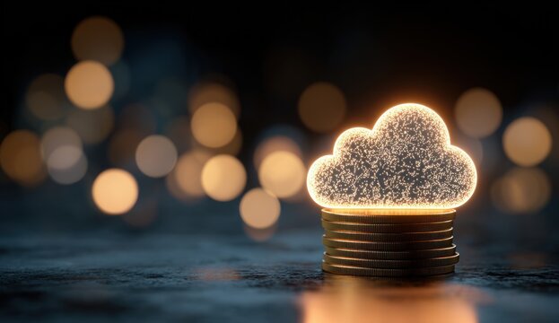 Glowing cloud icon with illuminated edges resting on a stack of metallic coins, representing digital technology and financial growth concepts