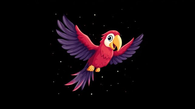 Colorful parrot flying with wings spread wide in night sky with stars, cartoon style bird with bright red and purple feathers and large yellow beak
