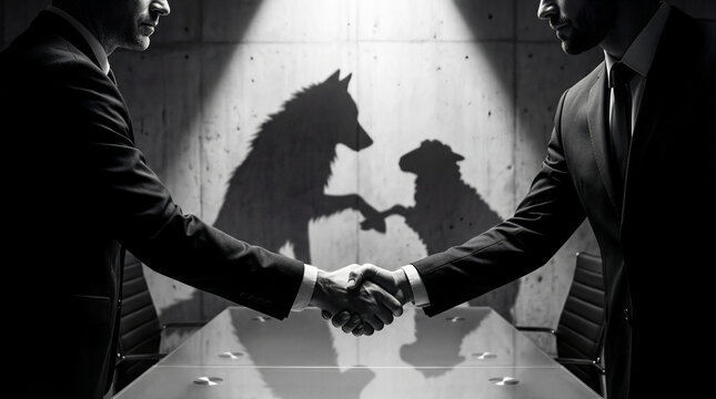 Two businessmen shaking hands with shadows of a wolf and a sheep on the wall representing corporate duplicity and power dynamics