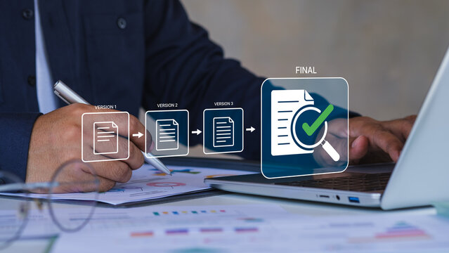 Digital and Paper Document Version Control Workflow, Business Professional Using Laptop, Online File Approval Process from Draft to Final, Corporate Data Management, Paperless Office, Revision history