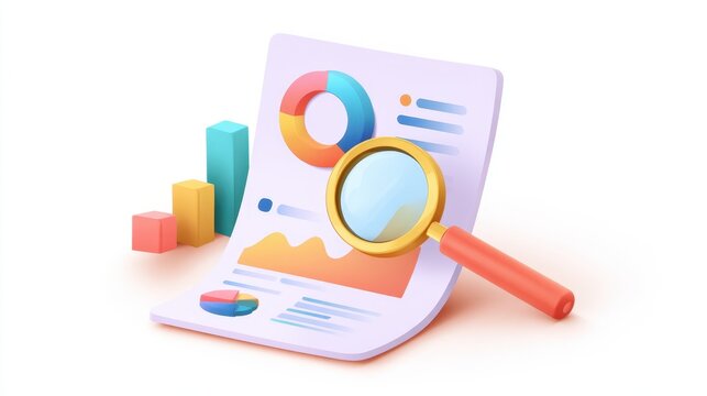 Business report with colorful pie chart and bar graph, magnifying glass highlighting data analysis, 3D cartoon style illustration with vibrant colors and clear layout