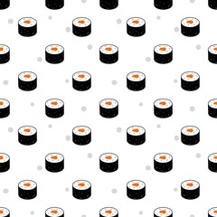 Seamless pattern of cute maki sushi rolls with salmon and grey dots on a white background © FibriyantiNur