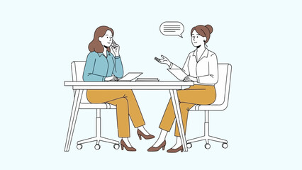 Fototapeta premium Two women in business meeting, one on phone, discussing ideas at office desk