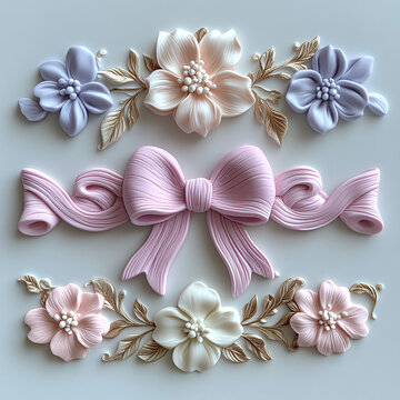 Decorative bas-relief floral elements with a pink bow set
