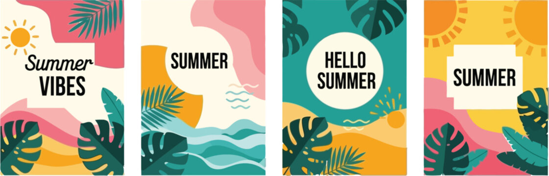 A collection of four vibrant summer posters featuring tropical leaves, sun, and abstract landscapes in a modern flat design style.