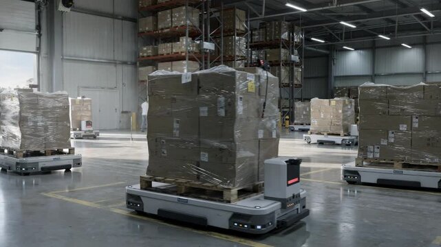Automated guided vehicles loading and unloading pallets of resin bags and boxes at a busy warehouse dock showcasing seamless robotics handling in logistics.