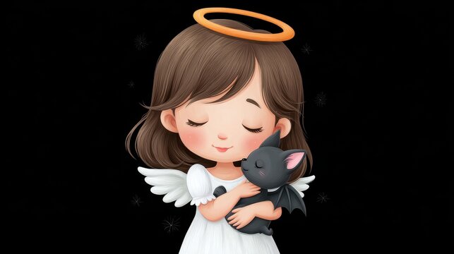 Cute cartoon angel girl with brown hair and white wings hugging small black bat with closed eyes, wearing glowing orange halo, set against black background with gentle expression