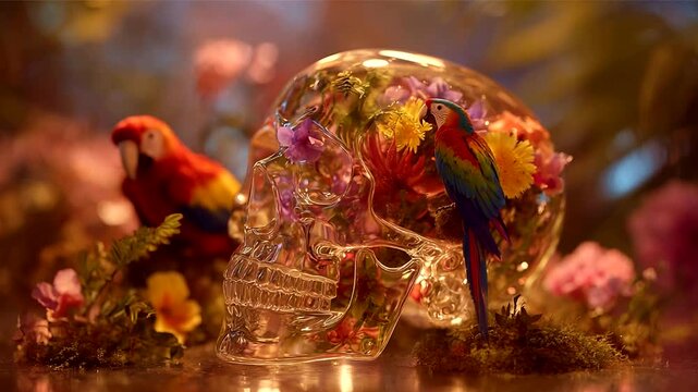Colorful Parrots and Floral Skull in a Lush Setting