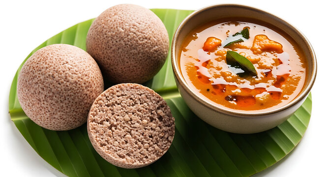 Nutritious Textured Ragi Mudde Millet Balls with Vegetable Sambar on Banana Leaf, Finger Millet Porridge Balls, Traditional South Indian Healthy Lunch, Gluten-Free Karnataka Cuisine, Superfood Grain, 