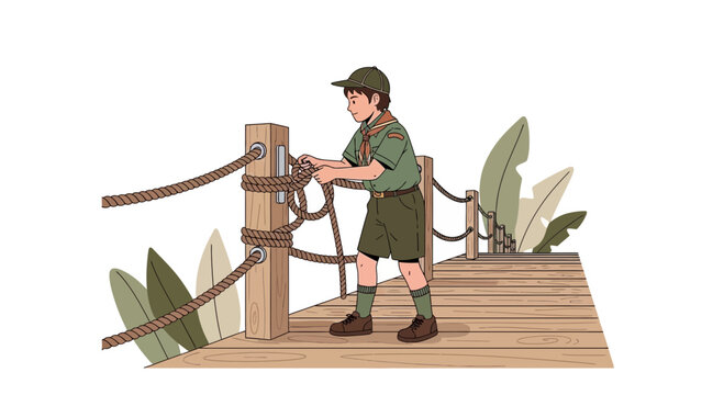 Young Scout Master Demonstrates Rope Tying Skills On Wooden Boardwalk
