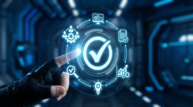 A gloved hand points to a glowing checkmark, surrounded by circular business symbols, set against a futuristic tunnel, symbolizing control and validation.