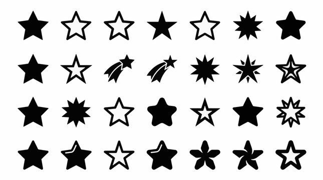 A collection of various star shapes and designs in black and white, featuring solid, outlined, and exploding star icons.