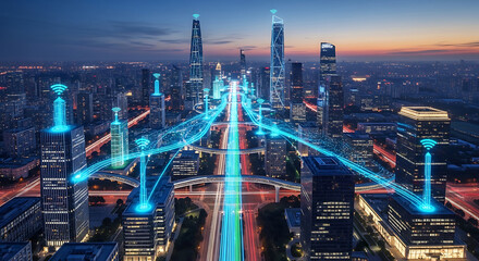 Obraz premium A futuristic cityscape at dusk illuminated by glowing connections and vibrant light trails high quality professional