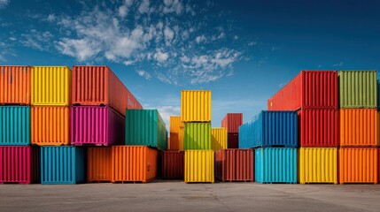 Fototapeta premium Colorful shipping containers stacked at a port or storage facility with bright blue sky in the background