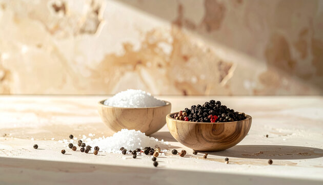 Minimalist peppercorns and sea salt on travertine