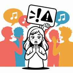 Obraz premium Shocked young woman holding warning sign amidst loud crowd with musical notes in speech bubbles expressing overwhelming noise and social sensory overload concept art