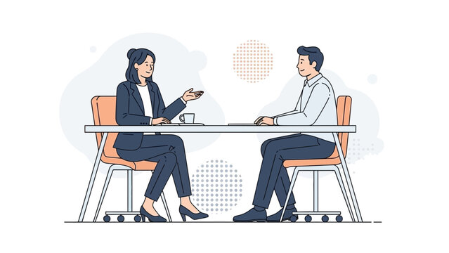 Business meeting: woman interviewer and man candidate sitting at desk, discussing.
