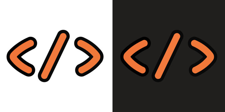 Orange and black angle brackets on white and black background, minimalist design, programming symbols, contrasting colors.