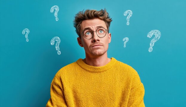 Confused young man with curly brown hair, wearing round glasses and a mustard yellow sweater, standing against a vibrant blue background with floating white question marks around