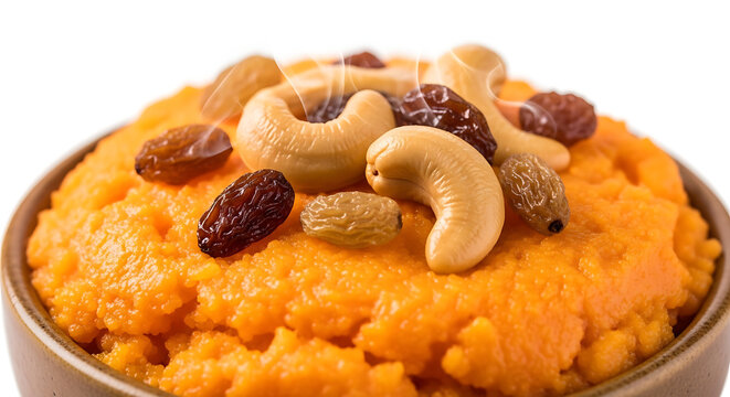 Traditional Indian Kesari Bath Semolina Suji Halwa Sweet Pudding Topped with Cashews and Raisins, Authentic South Indian Festive Orange Dessert Served in a Bowl.